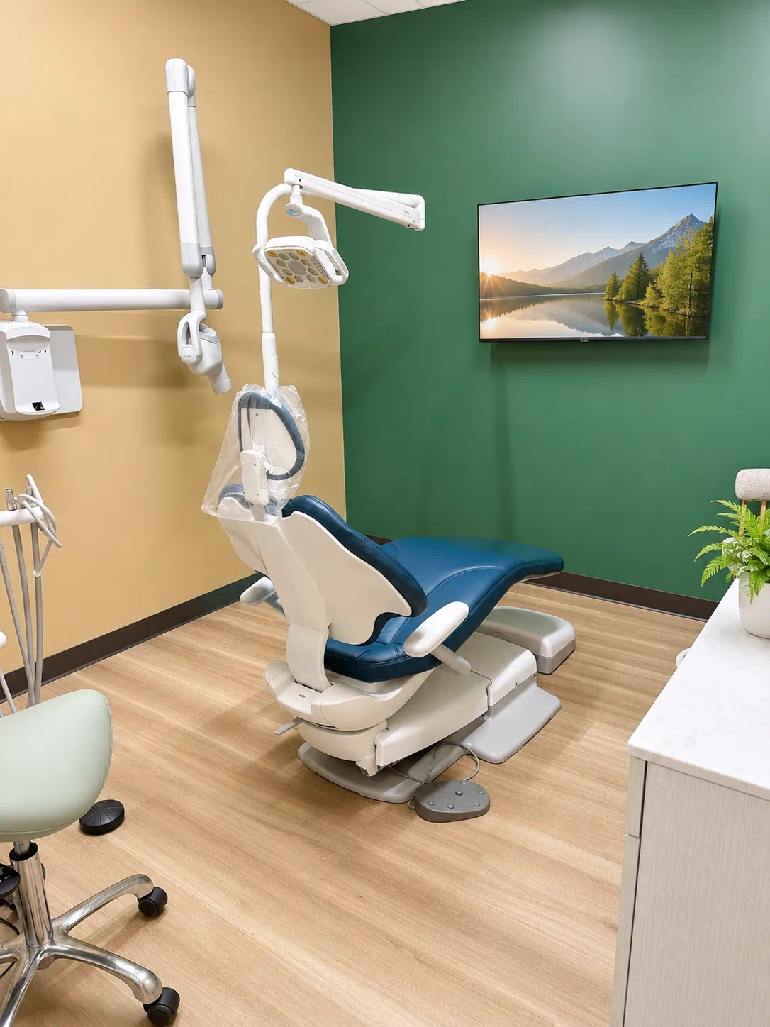 Modern dental treatment room at a periodontal and dental implant specialty practice